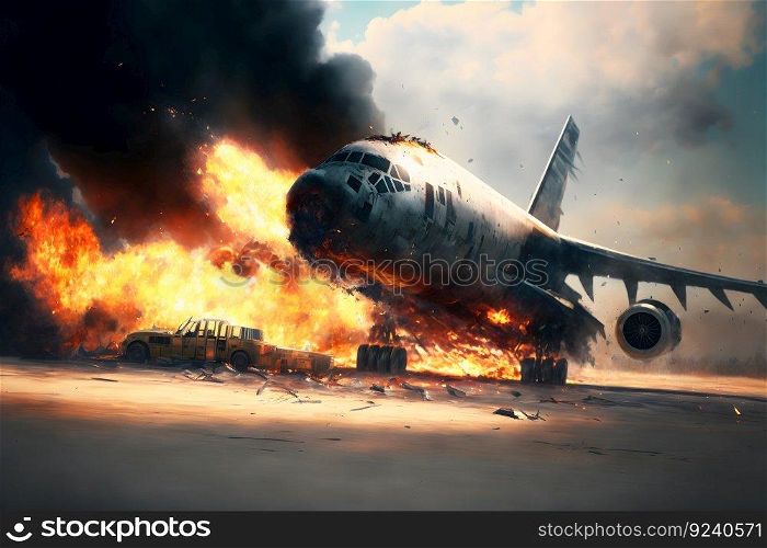 Burning airplane on fire accident in international airport. Neural network AI generated art. Burning airplane on fire accident in international airport. Neural network generated art