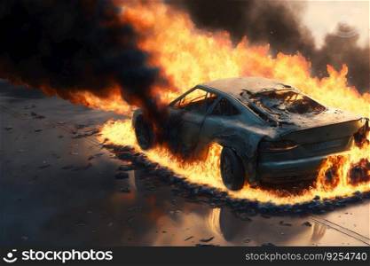 Burning automobile cars on fire accident in city road. Neural network AI generated art. Burning automobile cars on fire accident in city road. Neural network generated art