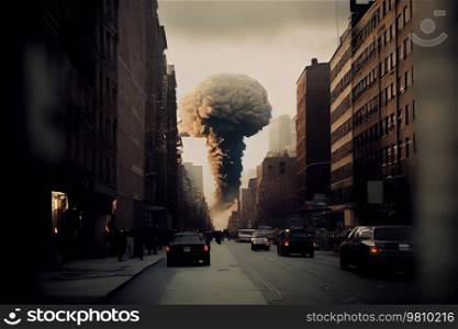 burning big city after the explosion. Illustration AI Generative 
