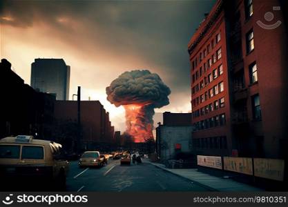 burning big city after the explosion. Illustration AI Generative 
