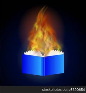 Burning Blue Paper Book with Fire Flame. Burning Blue Paper Book with Fire Flame Isolated on Blue Background