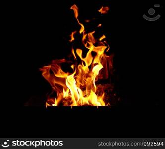 burning bonfire with logs and large orange flames at night, dark background