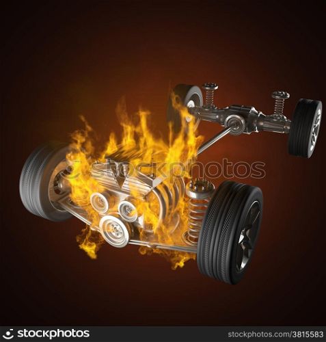 burning car chassis with engine and wheels