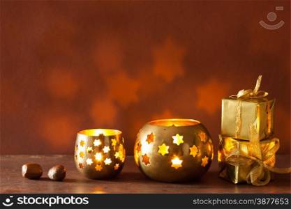 burning christmas lanterns and gifts background