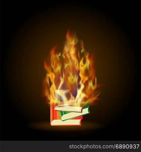 Burning Colored Books with Fire Flame Isolated on Black Background. Burning Colored Books with Fire Flame