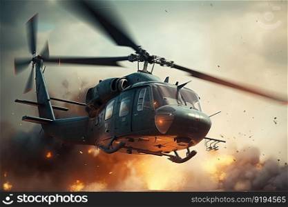  Burning falling helicopter. War concept created by generative AI 