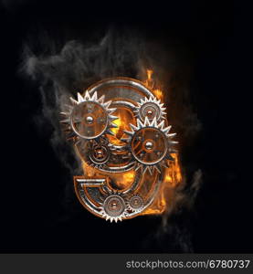 burning figure with gears