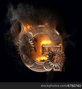 burning figure with gears
