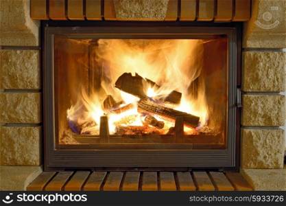 Burning Fireplace in winter time