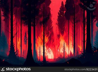 Burning forest illustration. AI generative.