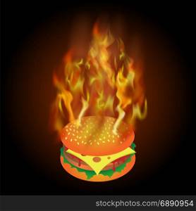 Burning Fresh Hamburger with Fire Flame Isolated on Black Background. Burning Fresh Hamburger with Fire Flame
