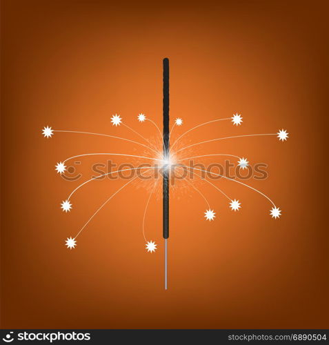 Burning Indian Light Sparkler. Bengal Fire Firework Isolated on Orange Gradient Background. Salute for Celebration. Burning Indian Light Sparkler.