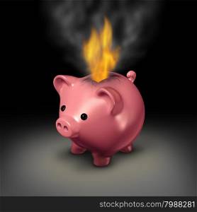 Burning money and careless spending financial concept as a piggy bank with flames and smoke coming out because of currency on fire as a business or family budget debt crisis metaphor.