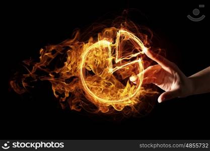 Burning pie icon. Finger touch ire glowing graph pie sign on dark background