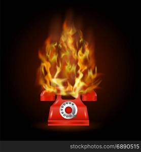 Burning Red Phone with Fire Flame. Burning Red Phone with Fire Flame Isolated on Black Background