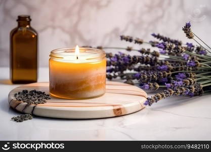 Burning scented candle in a glass jar.