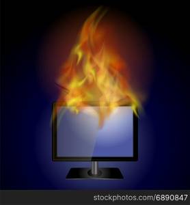 Burning Screen Monitor with Fire Flame on Blue Background. Burning Screen Monitor with Fire Flame