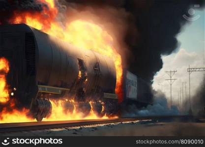 Burning train car on fire accident on train yard. Neural network AI generated art. Burning train car on fire accident on train yard. Neural network generated art