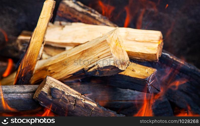 Burning wood. Fire in the grill closeup
