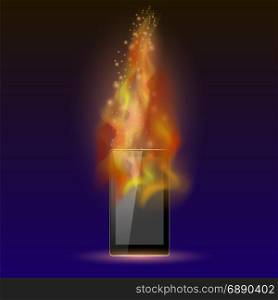 Burninng Tablet Computer with Fire Flame Isolated on Blue Background. Burninng Tablet Computer with Fire Flame