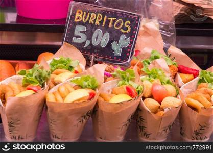 Burritos for sale on St Josep market, Barcelona, Spain