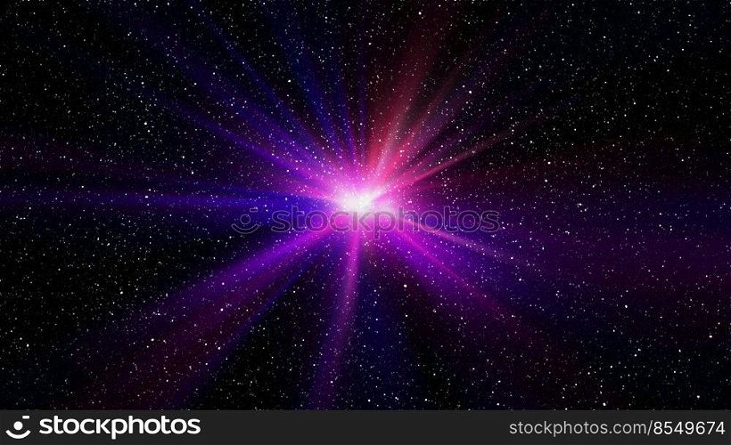 Burst of light in space. Night black starry sky horizontal background. 3d illustration of infinite universe. Burst of light in space. Night black starry sky horizontal background