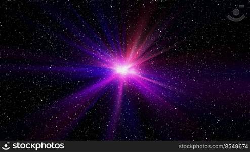 Burst of light in space. Night black starry sky horizontal background. 3d illustration of infinite universe. Burst of light in space. Night black starry sky horizontal background