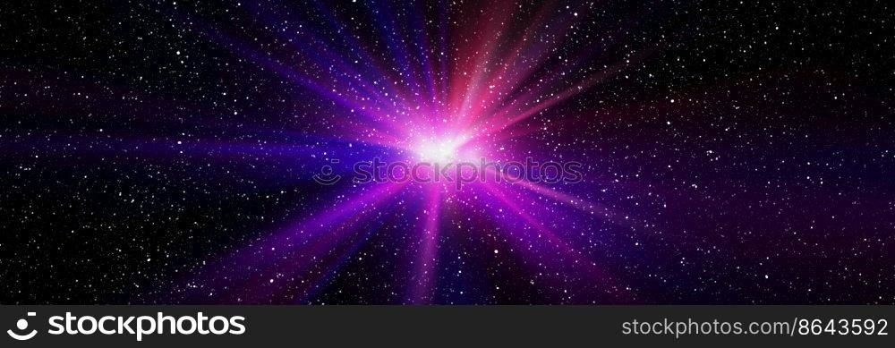 Burst of light in space. Night black starry sky horizontal background banner. 3d illustration of infinite universe. Burst of light in space. Night black starry sky horizontal background banner