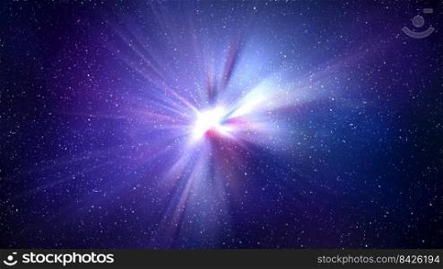 Burst of light in space. Night blue starry sky horizontal background. 3d illustration of infinite universe. Burst of light in space. Night blue starry sky horizontal background