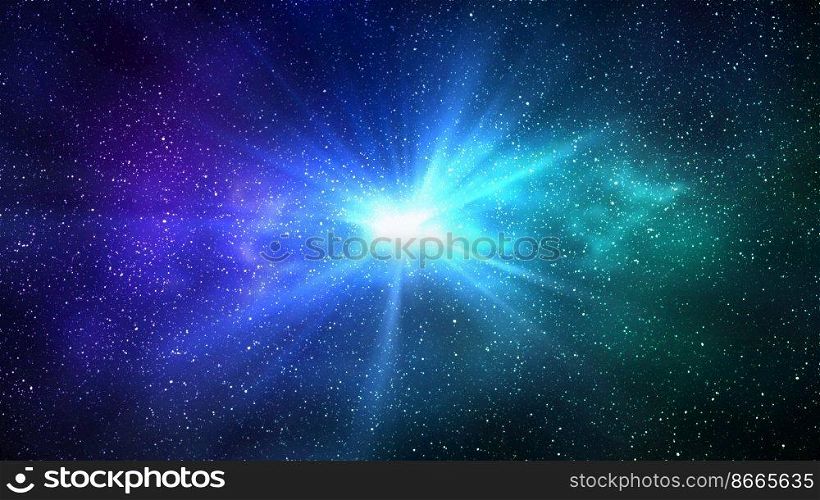 Burst of light in space. Night starry sky and bright blue green galaxy, horizontal background. 3d illustration of milky way and universe. Burst of light in space. Night starry sky and bright blue green galaxy, horizontal background