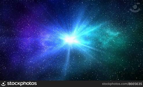 Burst of light in space. Night starry sky and bright blue green galaxy, horizontal background. 3d illustration of milky way and universe. Burst of light in space. Night starry sky and bright blue green galaxy, horizontal background