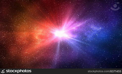 Burst of light in space. Night starry sky and bright blue red galaxy, horizontal background. 3d illustration of milky way and universe. Burst of light in space. Night starry sky and bright blue red galaxy, horizontal background