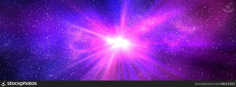 Burst of light in space. Night starry sky and bright purple blue galaxy, horizontal background banner. 3d illustration of milky way and universe. Burst of light in space. Night starry sky and bright purple blue galaxy, horizontal background banner