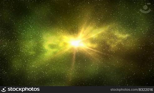 Burst of light in space. Night starry sky and bright yellow galaxy, horizontal background. 3d illustration of milky way and universe. Burst of light in space. Night starry sky and bright yellow galaxy, horizontal background