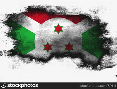 Burundi flag painted with brush on white background, 3D rendering. Brown wooden texture.