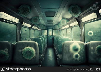 bus cabin filled with bacteria, creating foreboding and ominous atmosphere, created with generative ai. bus cabin filled with bacteria, creating foreboding and ominous atmosphere