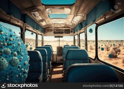 bus cabin, with view of the open road and blue sky ahead, populated by microscopic organisms, created with generative ai. bus cabin, with view of the open road and blue sky ahead, populated by microscopic organisms