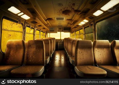 bus cabin with visible streaks of bacteria and filth, created with generative ai. bus cabin with visible streaks of bacteria and filth