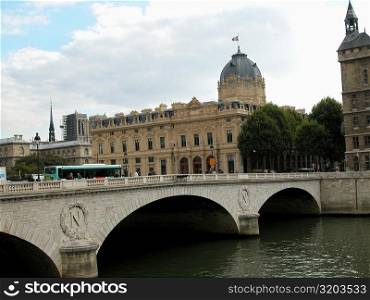 Bus passing over an arch bridge, Paris, France