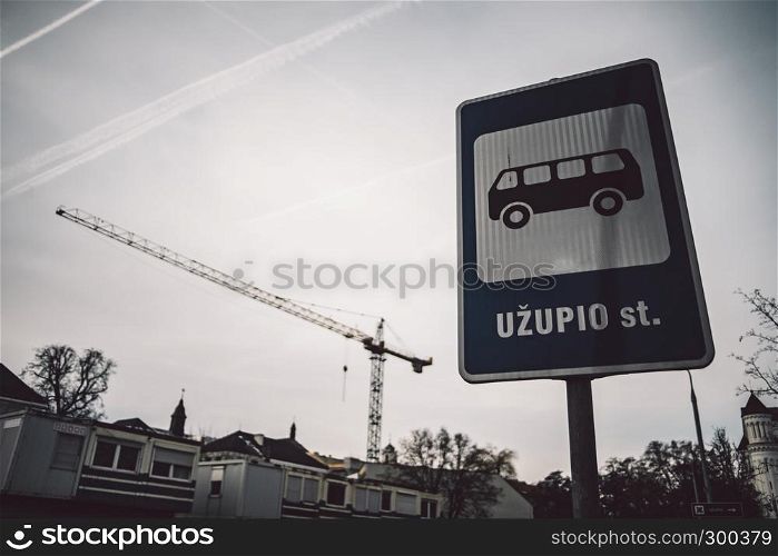 Bus stop blue road sign at Uzupio street in Vilnius, Lithiania