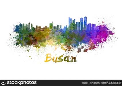Busan skyline in watercolor splatters with clipping path. Busan skyline in watercolor