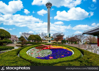 Busan tower with blu sky background, Beautiful landmark in Busan City, Yongdusan Park, Busan, South Korea.