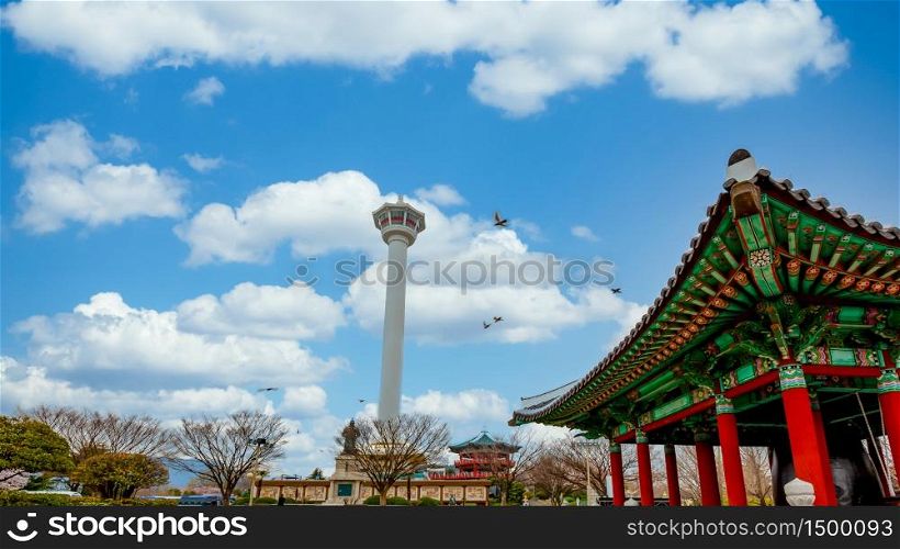 Busan tower with blu sky background, Beautiful landmark in Busan City, Yongdusan Park, Busan, South Korea.
