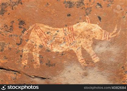 Bushmen (san) rock painting depicting a rhinoceros, Drakensberg mountains, South Africa&#xD;