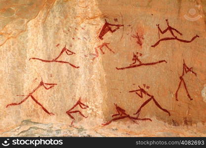 Bushmen (san) rock painting depicting human figures, Drakensberg mountains, South Africa&#xD;