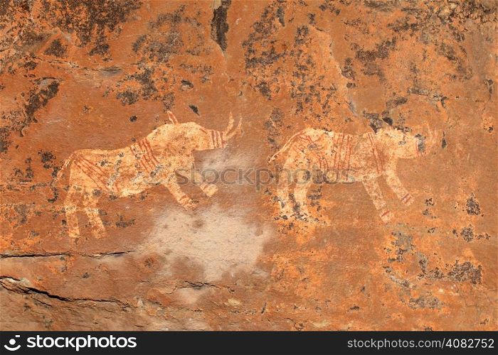 Bushmen (san) rock painting depicting rhinoceros, Drakensberg mountains, South Africa&#xD;