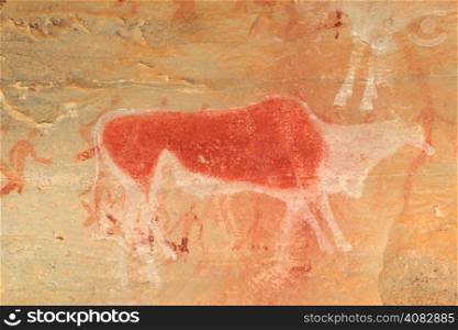 Bushmen (san) rock painting of an eland antelope and human figures, Drakensberg mountains, South Africa&#xD;