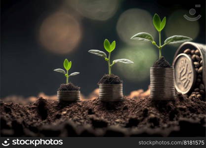 Busi≠ss concept by growing plants on coin stack isolated on blur landscape background. Theme of glowing young plant from seed in the forest. Fi≠st≥≠rative AI.. Busi≠ss concept by growing plants on coin isolated landscape background.