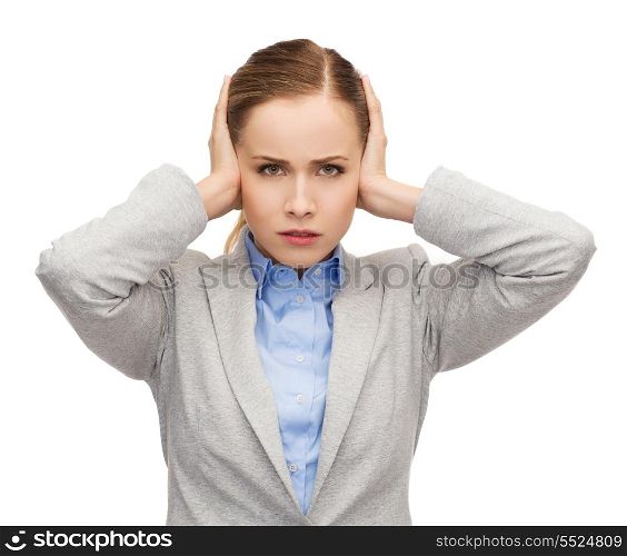 busienss, emotions and office concept - stressed businesswoman with covered ears