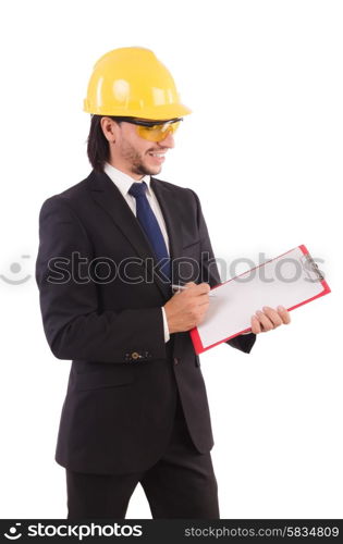Busineesman in concept of builder with poster isolated on white